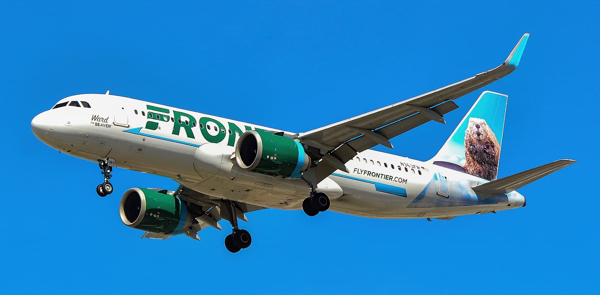 Frontier A320neo with a beaver on its tail on approach to Las Vegas